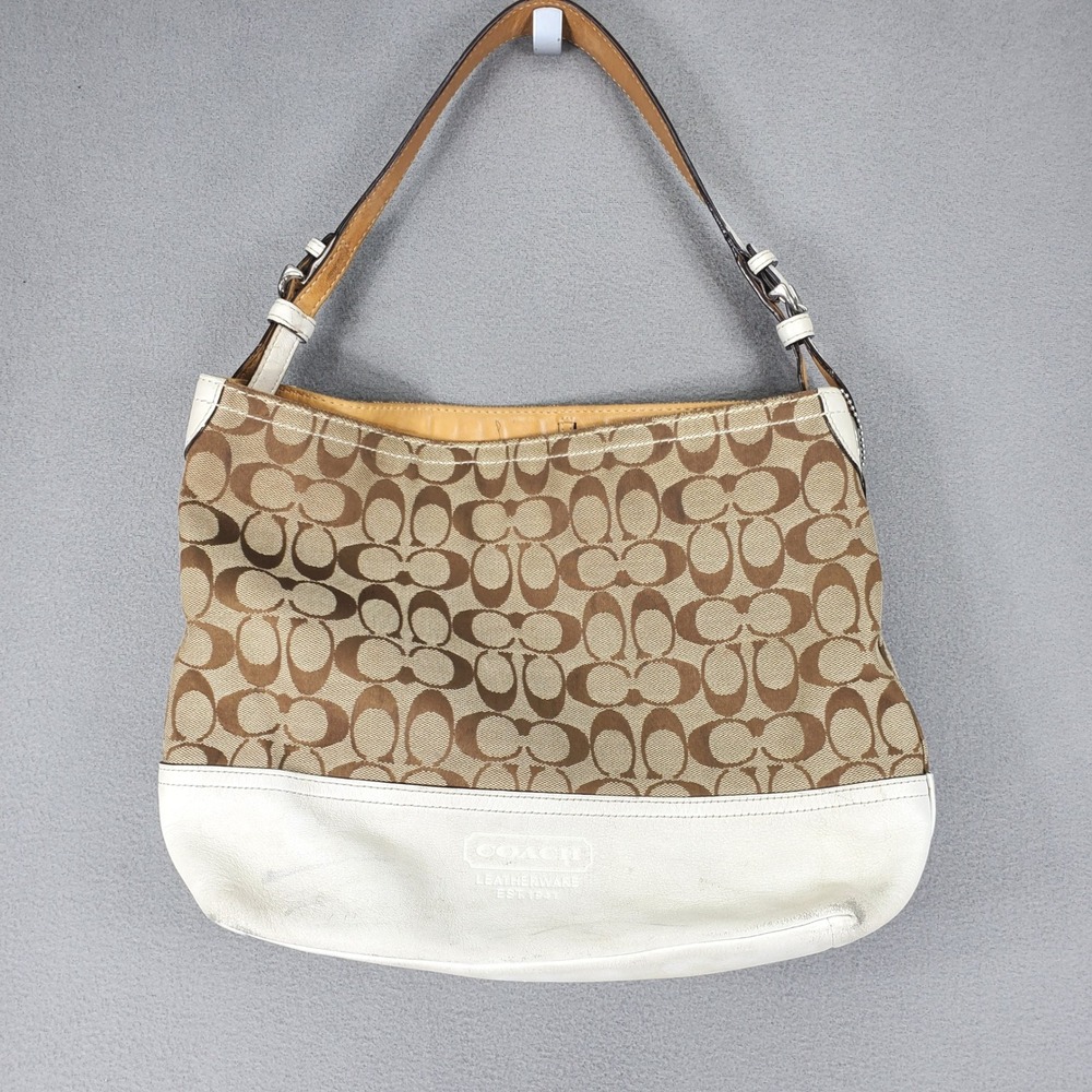 Coach Shoulder Bag Brown White Signature C Jacquard‎ Leather 2156 Hobo Y2K